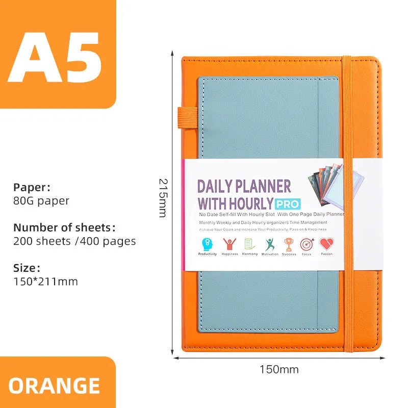 A5 undated notebook with PU leather cover in six colours, open to show flat-lay binding and planning stickers.