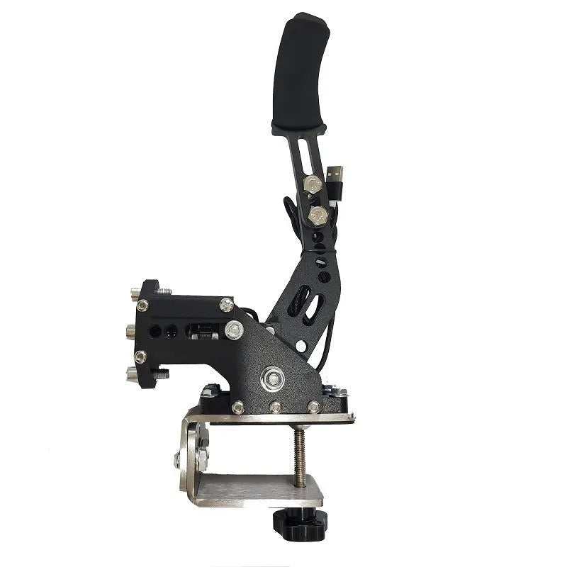 USB sequential handbrake controller for sim racing in black, blue, purple, red, or yellow with mounting clamp.