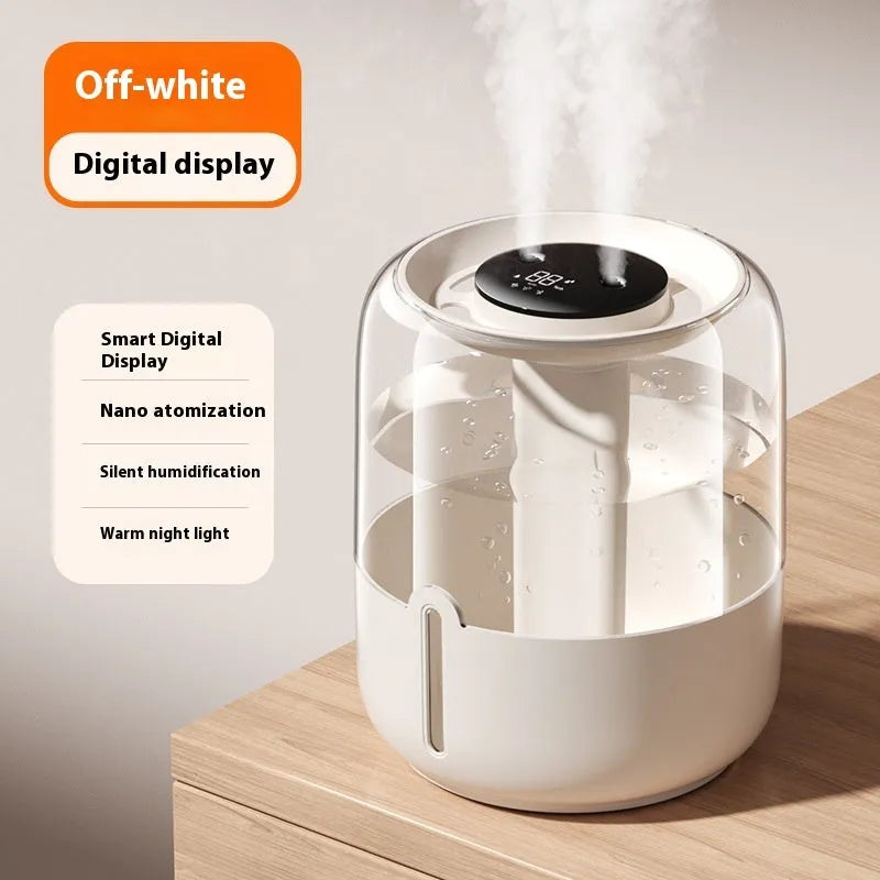 Round beige USB humidifier with dual spray nozzles, display screen, and night light