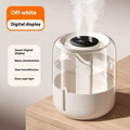 Round beige USB humidifier with dual spray nozzles, display screen, and night light
