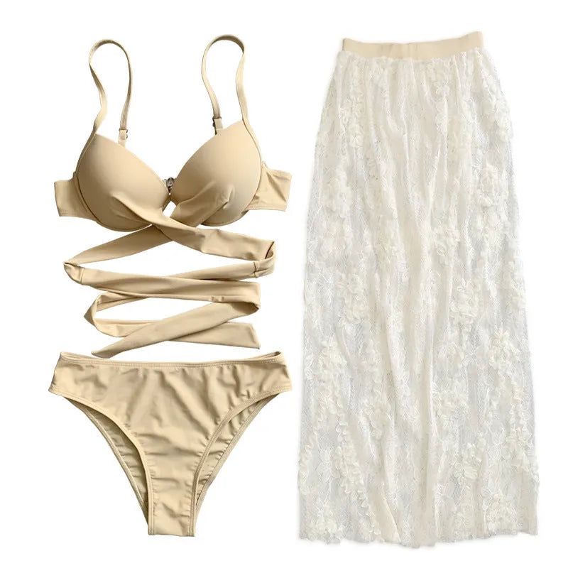 Three-piece backless push up bikini set with removable skirt in creamy white colour