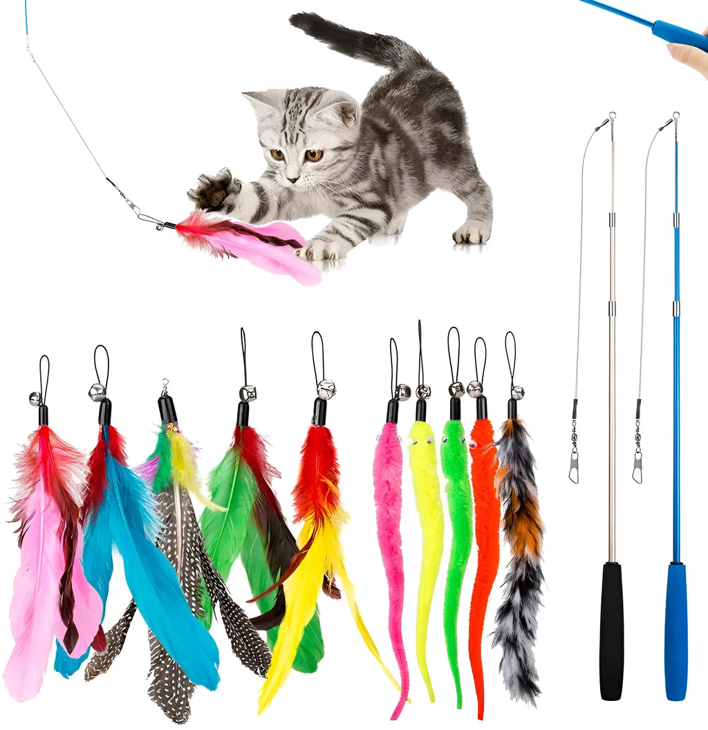 Three-section cat fishing rod with feather teaser and ten replacement heads in packaging