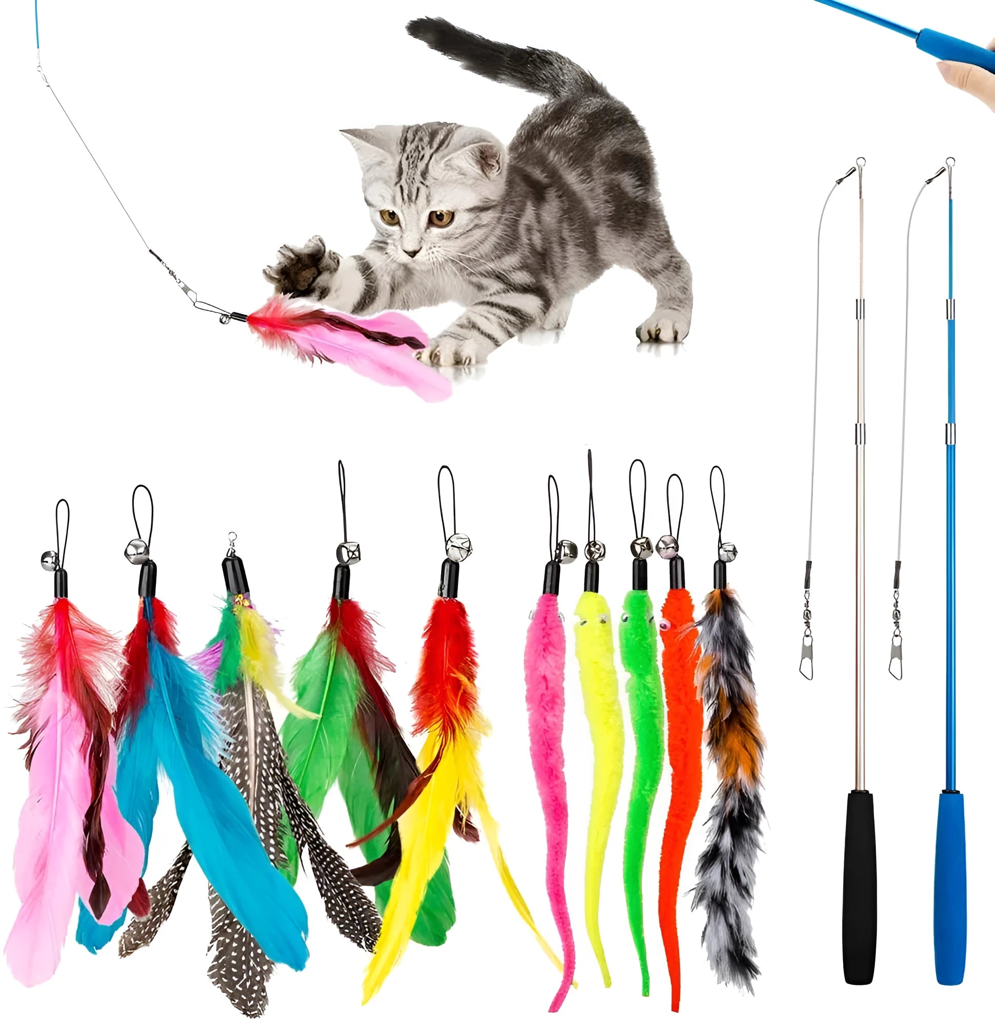Three-section cat fishing rod with feather teaser and ten replacement heads in packaging