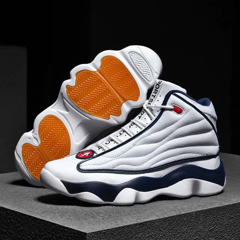 High-top running basketball shoes with mesh upper and thick rubber sole in AJ13 colour options