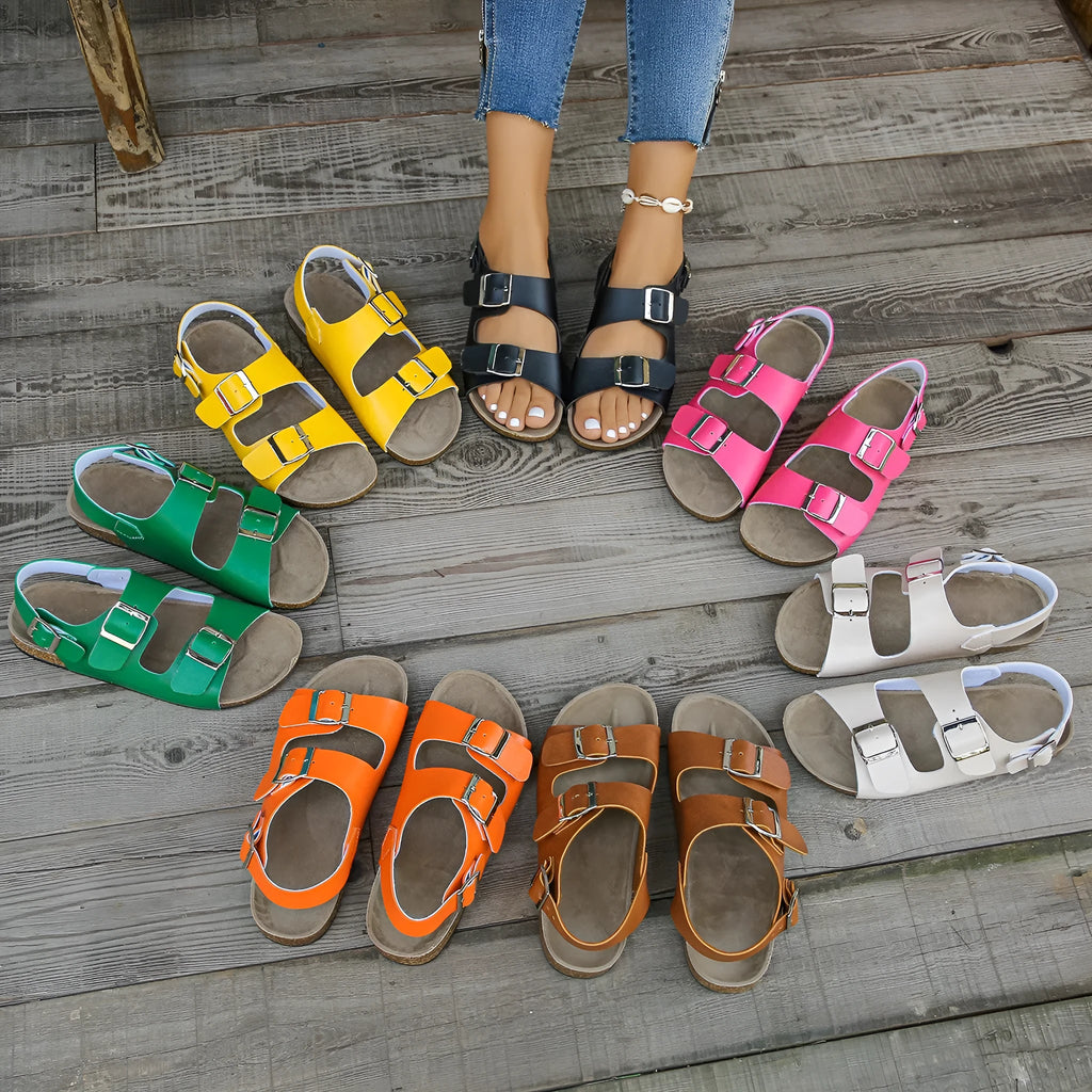 Women's flat sandals with square buckle, chunky sole, round toe, PU upper, rubber outsole in beige