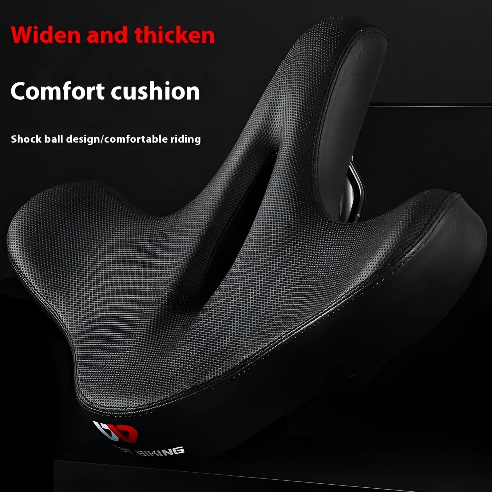 Black leather bicycle saddle cushion with polyurethane foam padding for shock absorption.