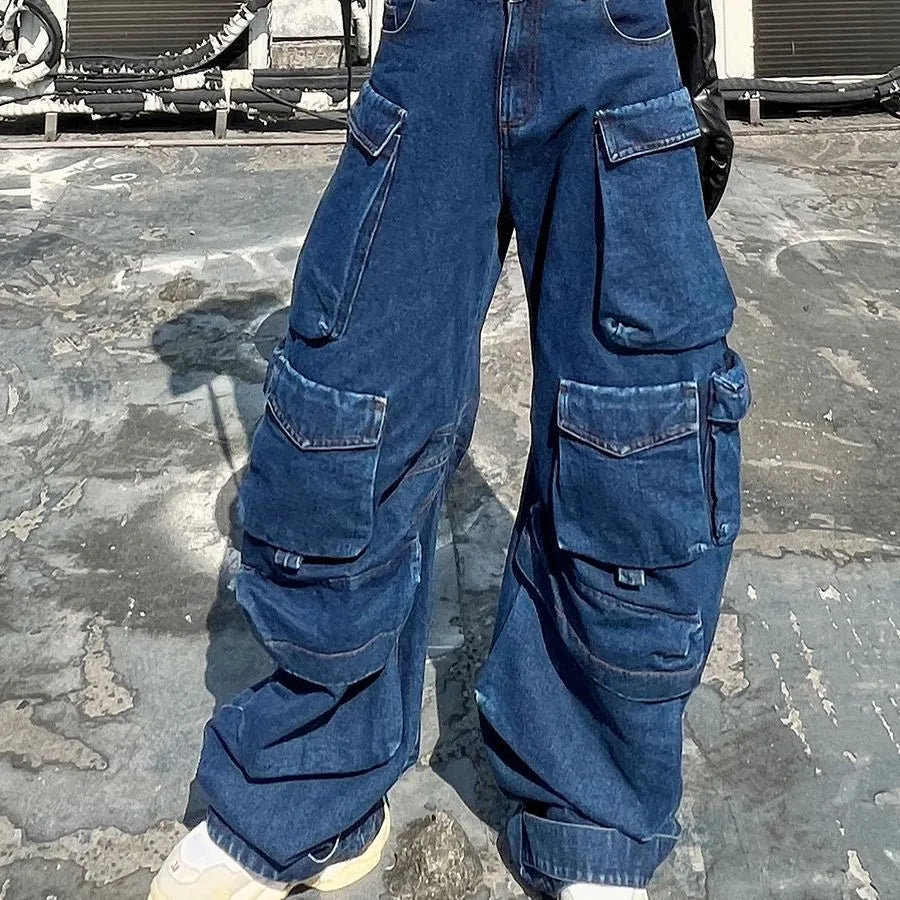Dark blue distressed wide-leg women's jeans with high waist and multiple pockets.