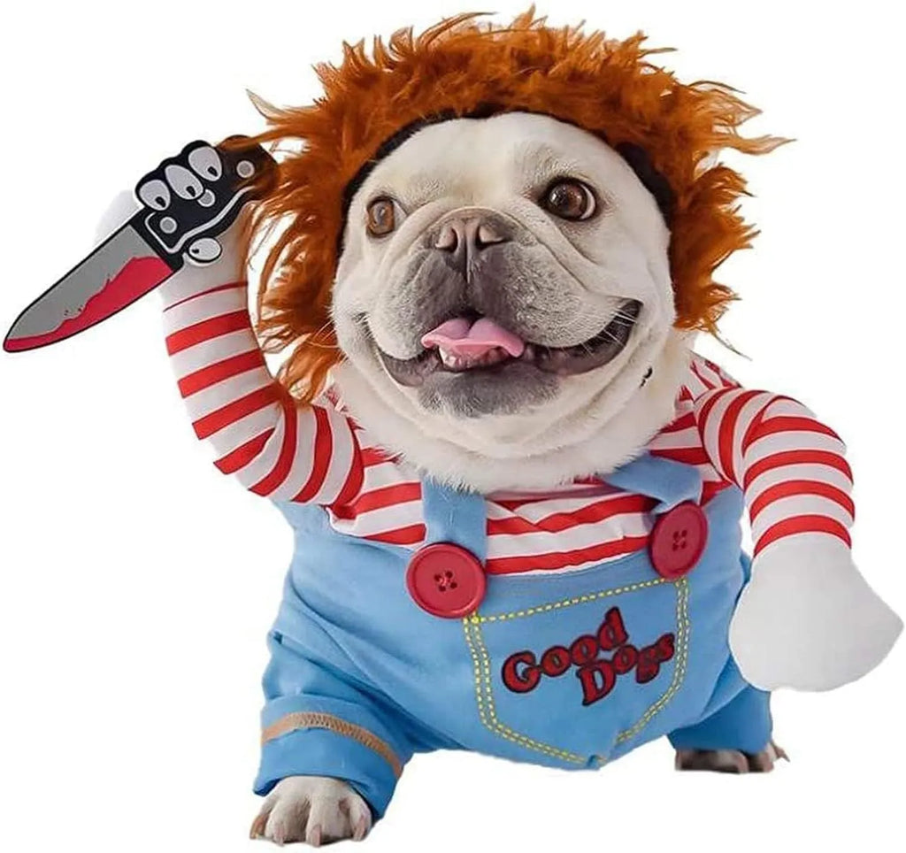 Striped prisoner Halloween costume for pets with harness back trousers and soft toy knife accessory