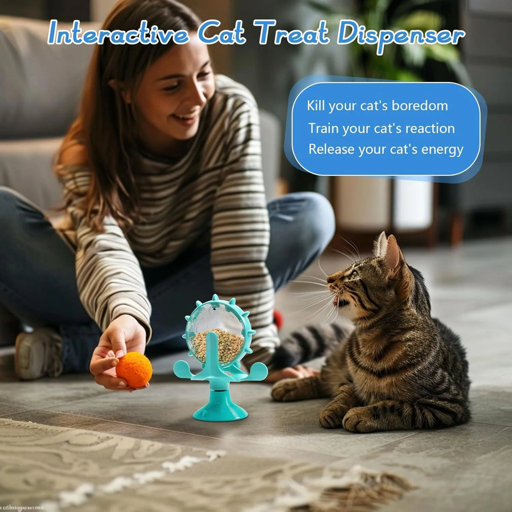 Interactive pet spinner toy with strong sucker base in blue, green, red, or yellow colours for cats and small dogs