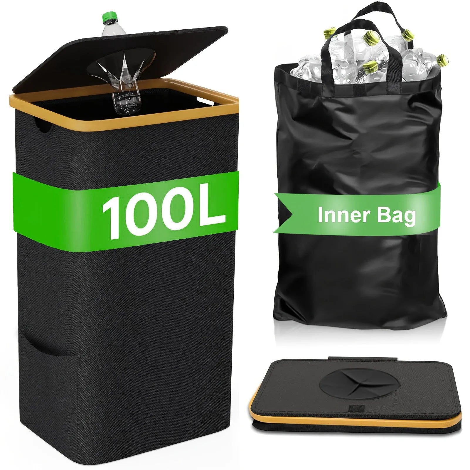 Black bamboo recycling basket with lid, removable bottle container, and double inner pockets for household storage