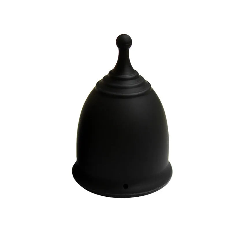 Medical grade silicone menstrual cup in black with two sizes L and S shown side by side