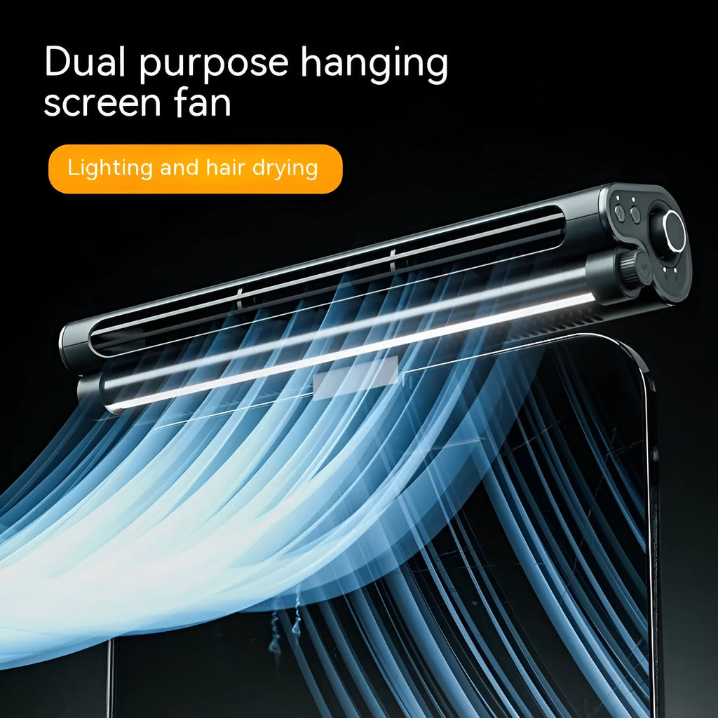 Black USB bladeless fan clipped to laptop screen with integrated lighting lamp and three-speed button control