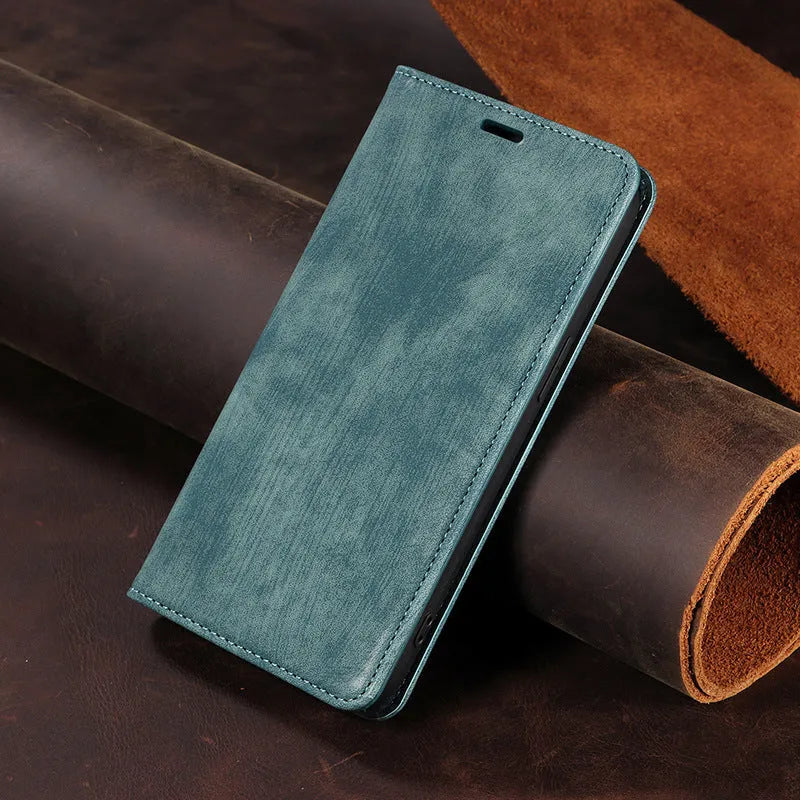 Magnetic flip phone case for iPhone in multiple colours showing leather and TPU construction