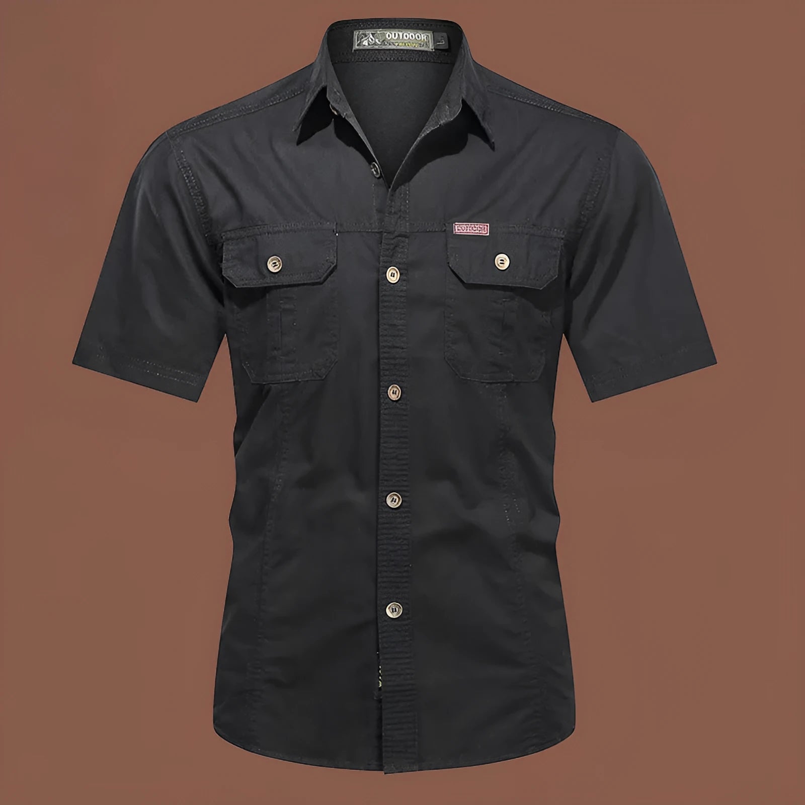 Men's army green cotton work shirt with short sleeves and non-iron finish on a hanger.