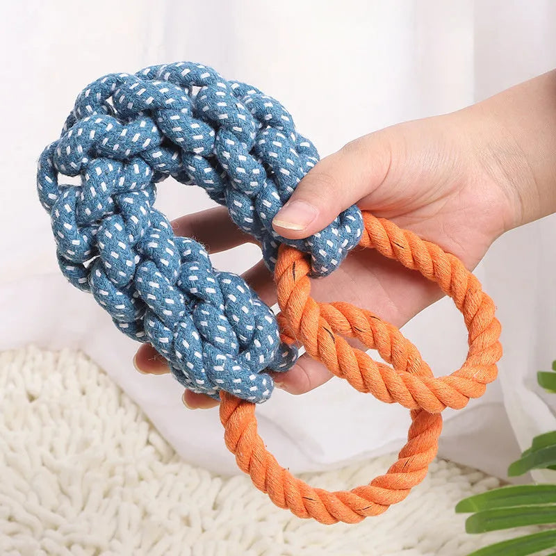 Blue double-ring cotton knot dog toy on white background, 37cm long