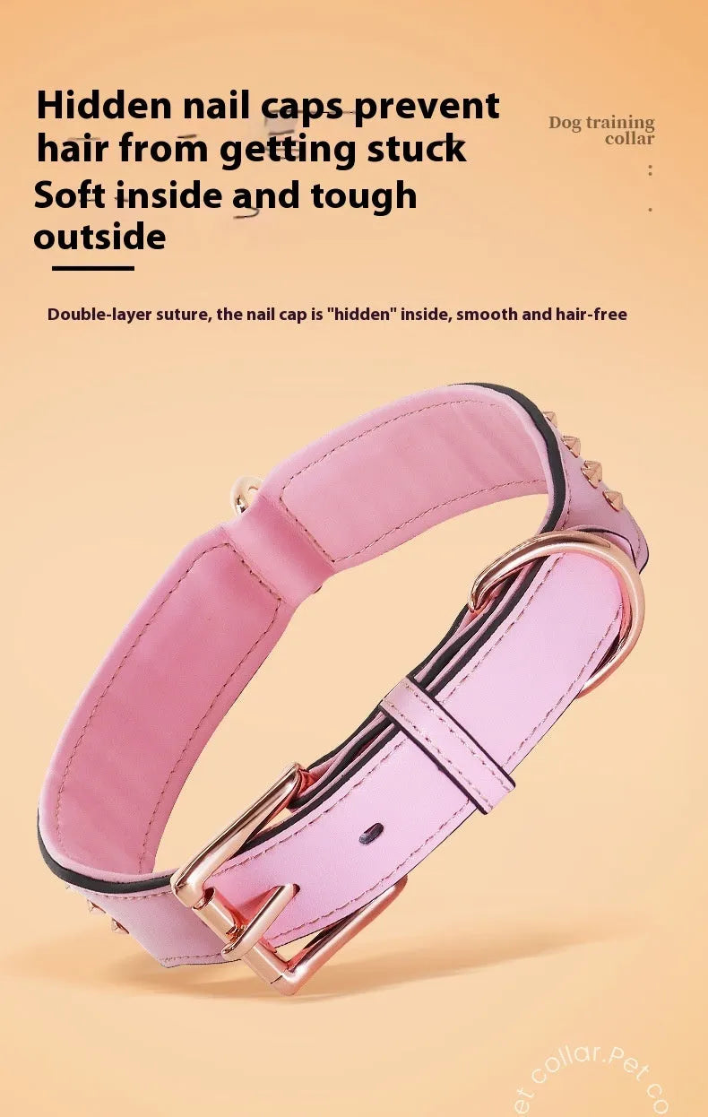 Leather dog collar with metal rivets in chocolate colour, shown alongside pink and black options.