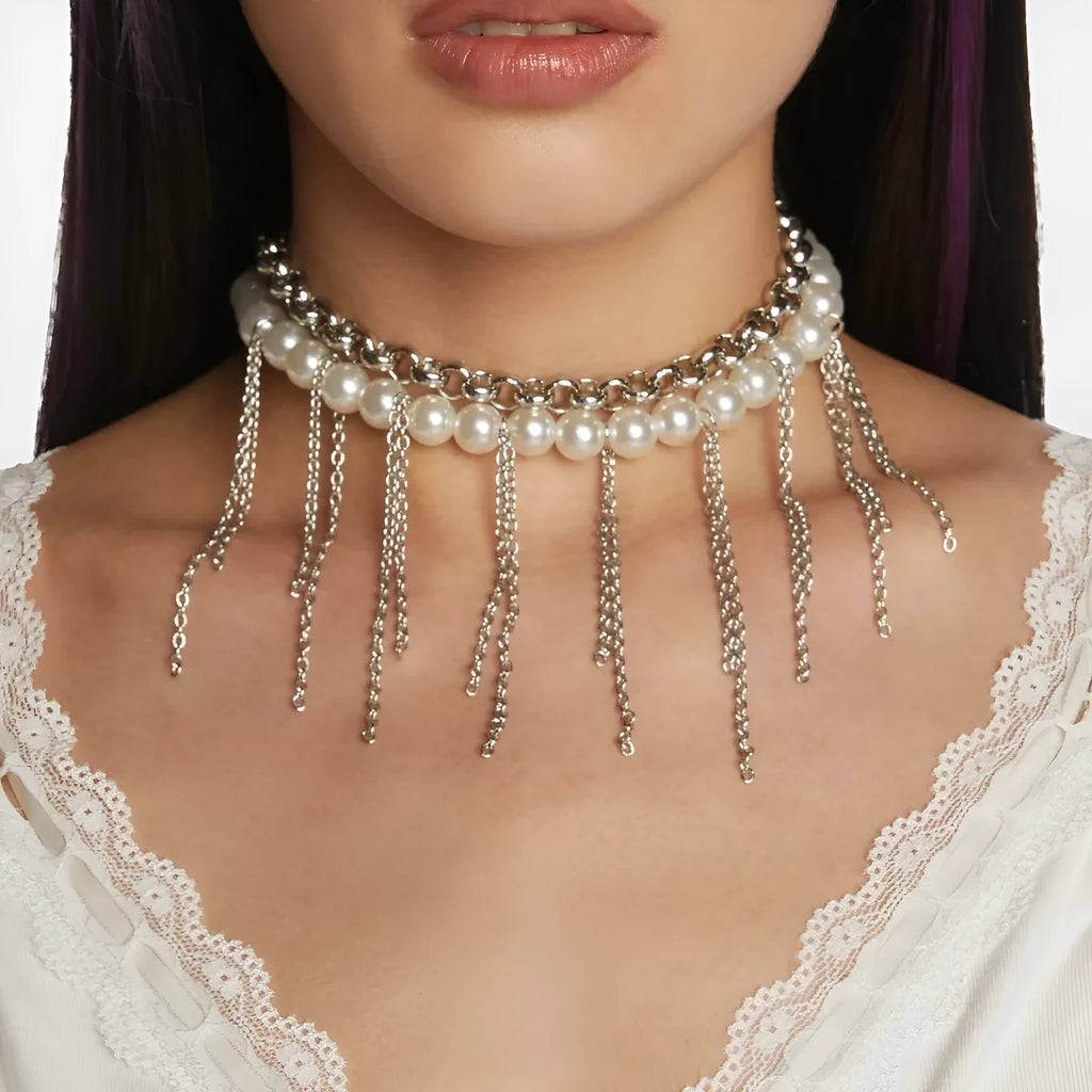 Double-layer retro necklace with imitation pearls, geometric iron pendant, tassel chain, and ball bead chain in White K finish