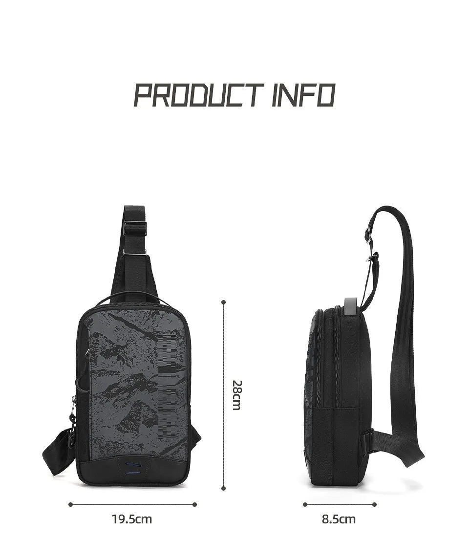 Casual black TPU chest bag with camouflage pattern, single shoulder strap, and soft handle showing square vertical shape