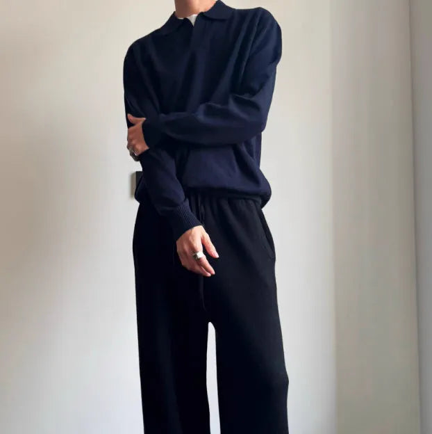 Men's pure wool polo sweater with lapel collar in milky white and navy blue colours