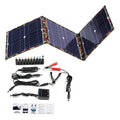 Black foldable 36W solar panel with car charger and cables for portable outdoor power