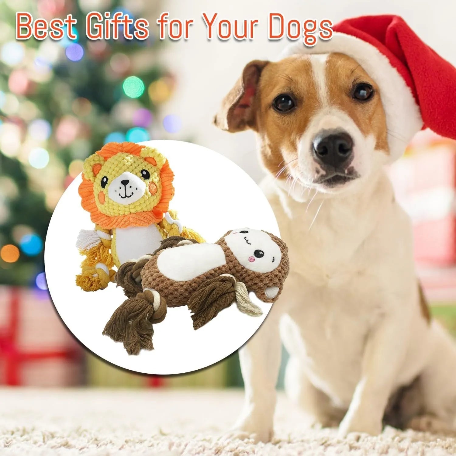 Plush squeaky dog toys showing lion and monkey designs for medium to large dogs