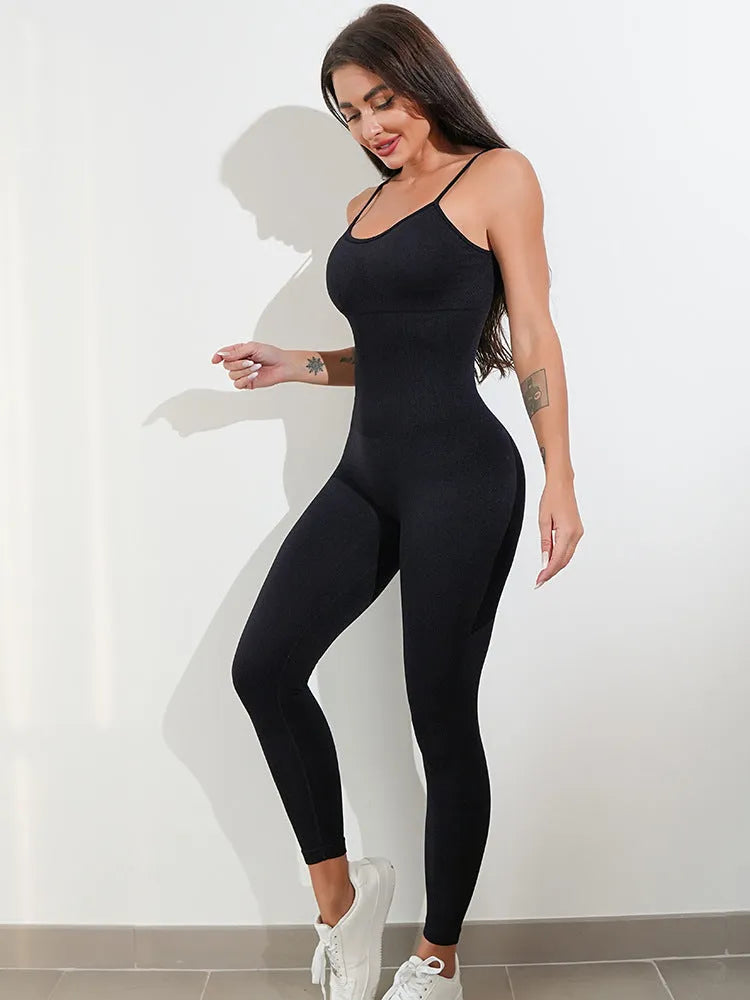 Women's black unitard jumpsuit with spaghetti straps and a backless design for tummy control.