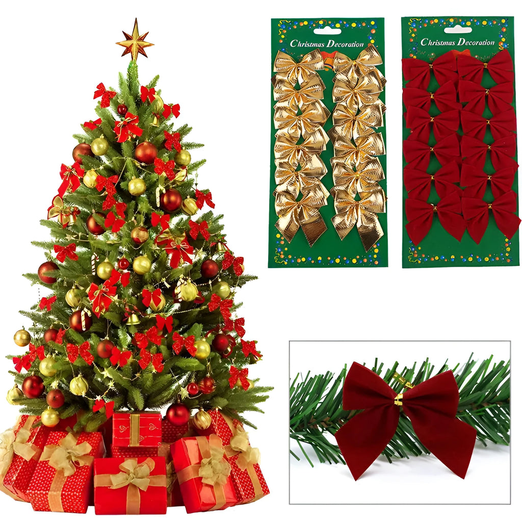 Red, gold, silver, and red-gold polyester Christmas tree ornament bows measuring 5 cm