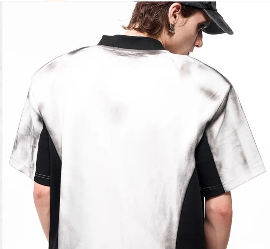 Korean style V-neck top with snake pattern lettering print and padded shoulder details