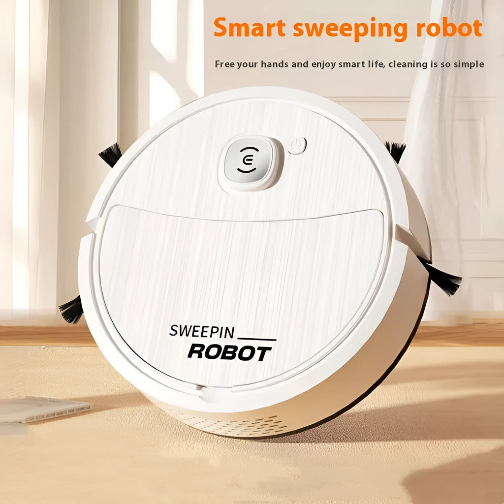 Mini sweeping robot vacuum in white with edge brush and fibre mop on hard floor