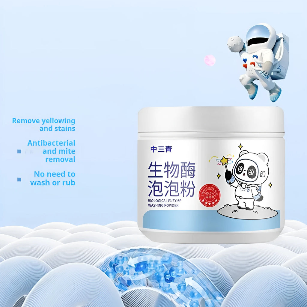 Bottle of biological enzyme and active oxygen bubble laundry detergent powder for stain removal.