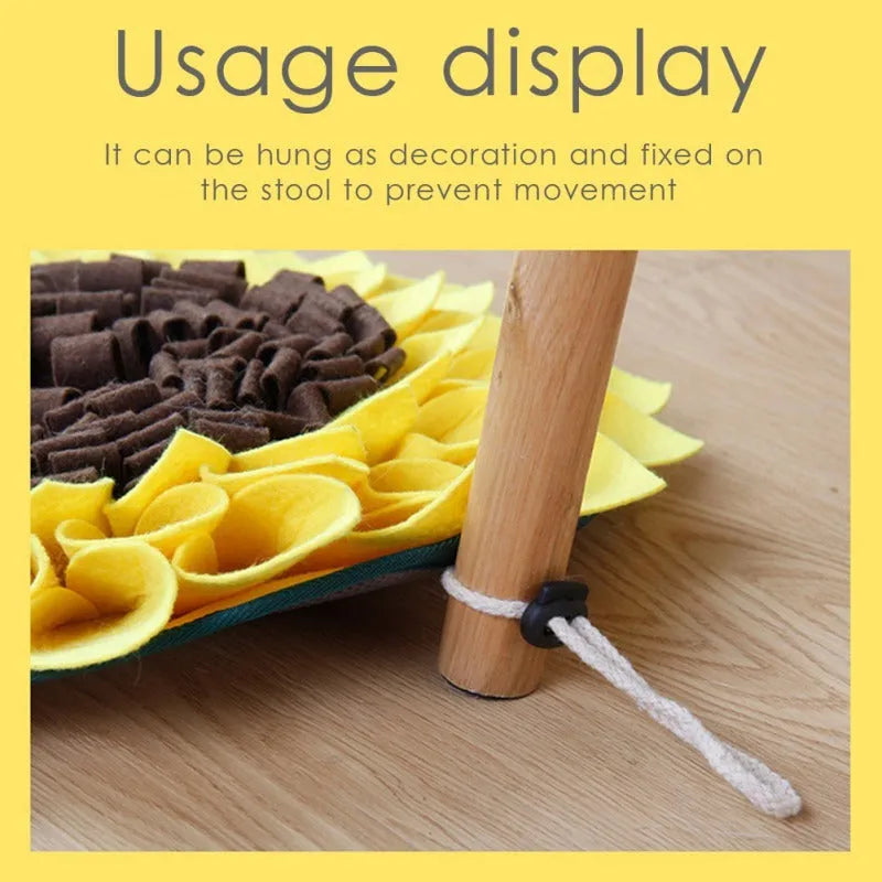 Yellow sunflower-shaped dog snuffle mat with fabric layers for hiding treats during nosework training
