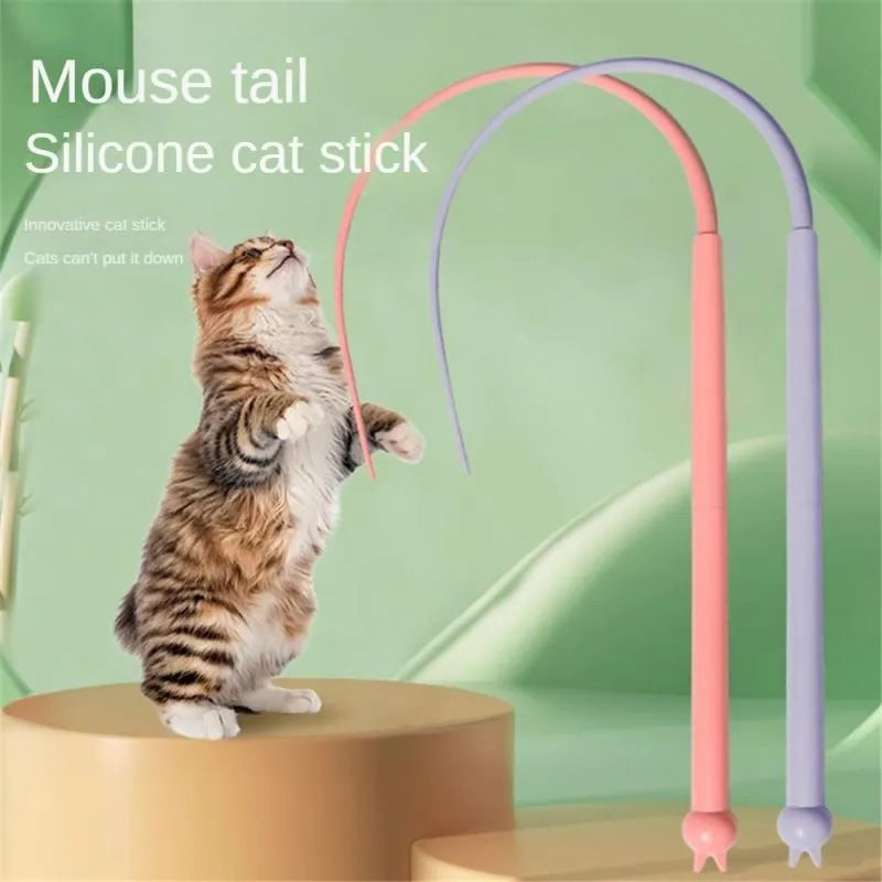 Blue simulated mouse tail cat toy with 80cm stick and soft silicone tail for interactive play