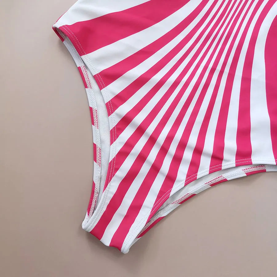 Women's pink striped one-piece swimsuit showing front and rear digital print design.