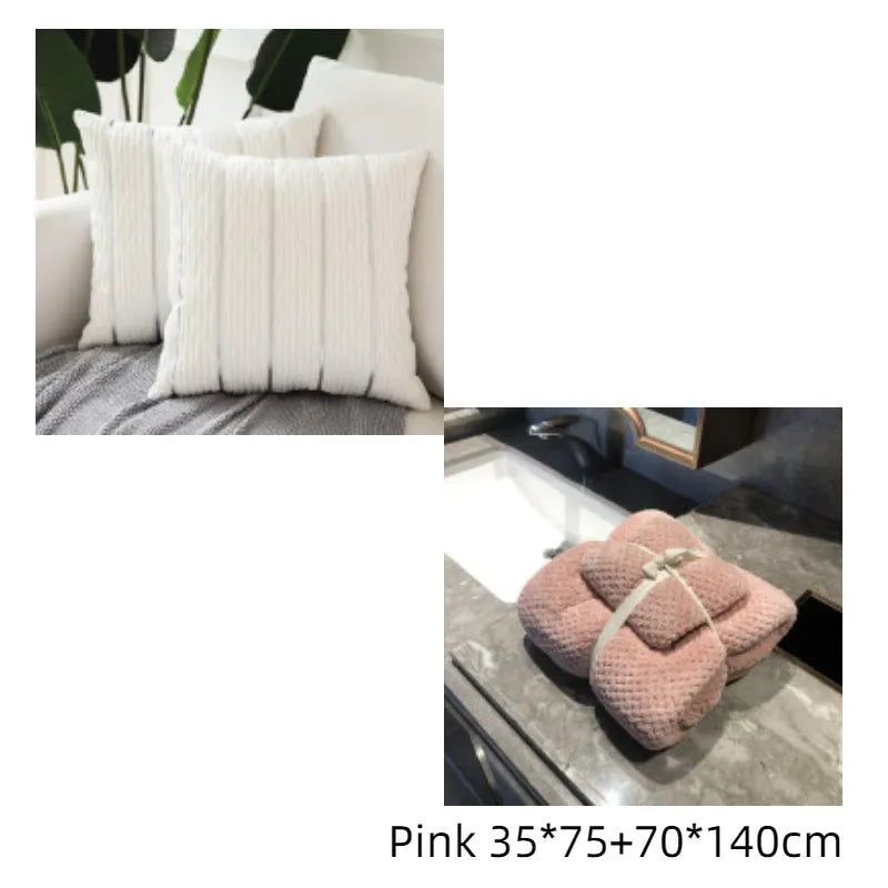 A square plush velvet pillow cover in a striped luxury style, shown in a selection of colours on a sofa.