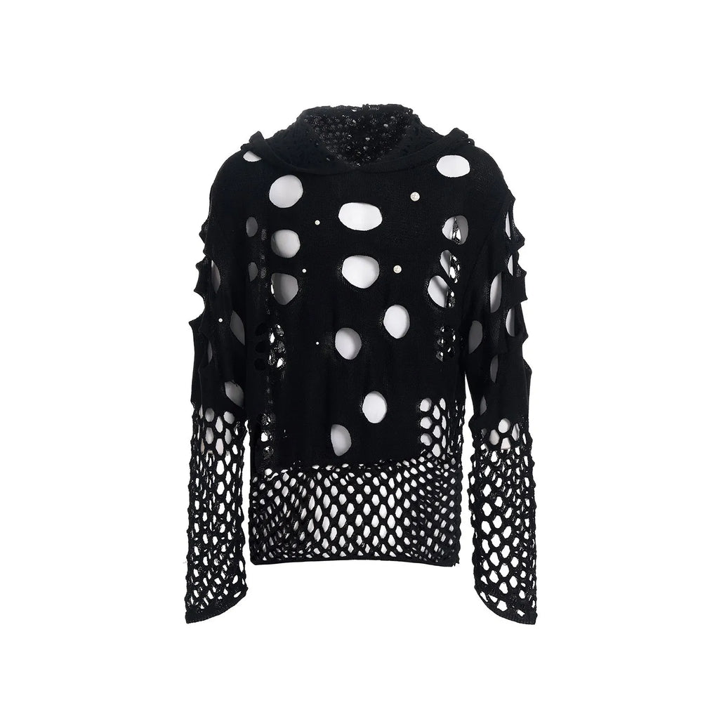 Men's black hollow knit hoodie with pearl decorative elements on hood in loose fit pullover styling