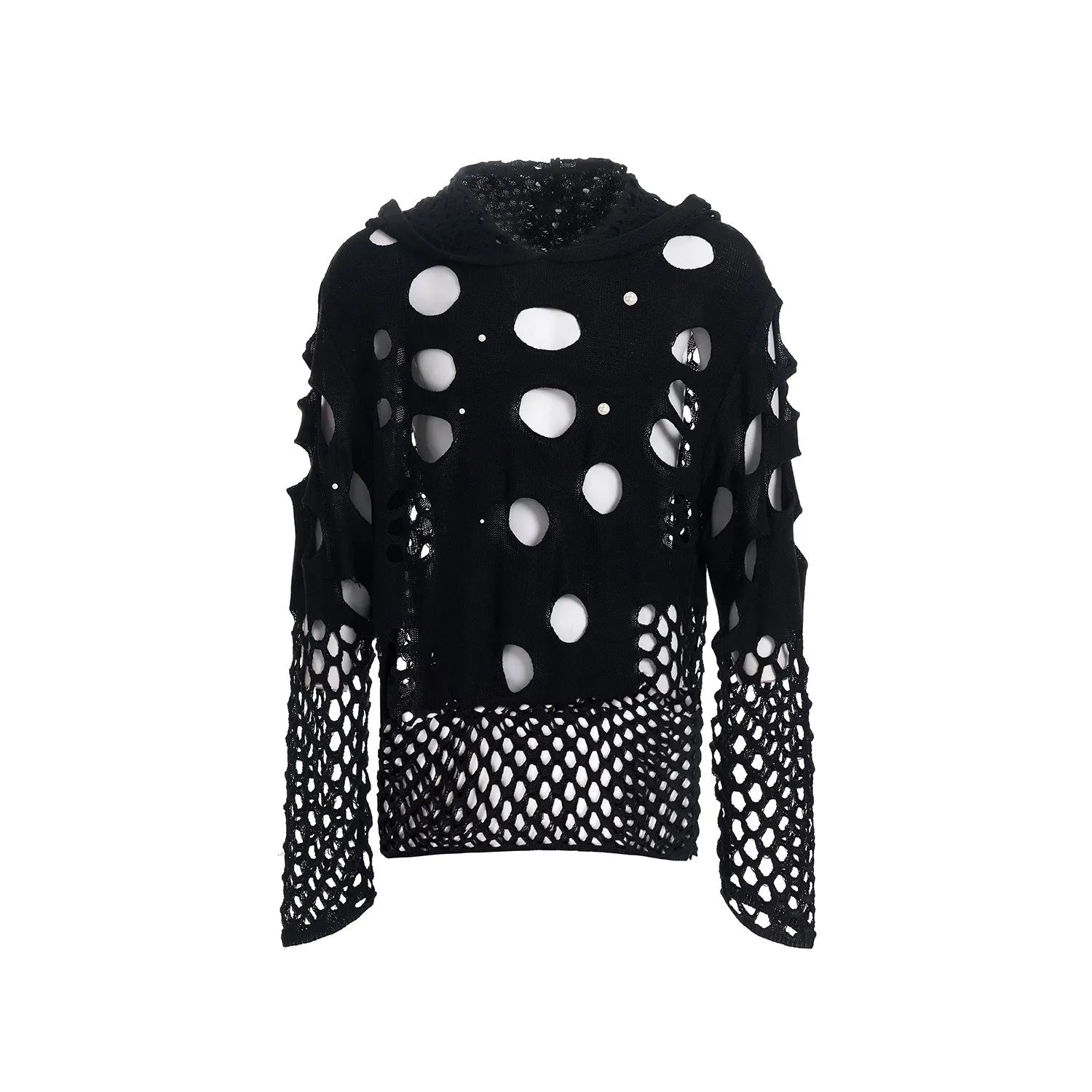 Men's black hollow knit hoodie with pearl decorative elements on hood in loose fit pullover styling