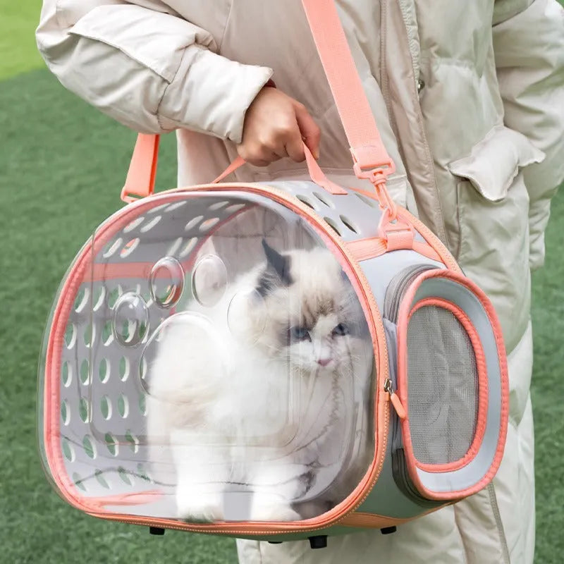 Large transparent hard EVA cat backpack carrier in grass green, shown with folded size.