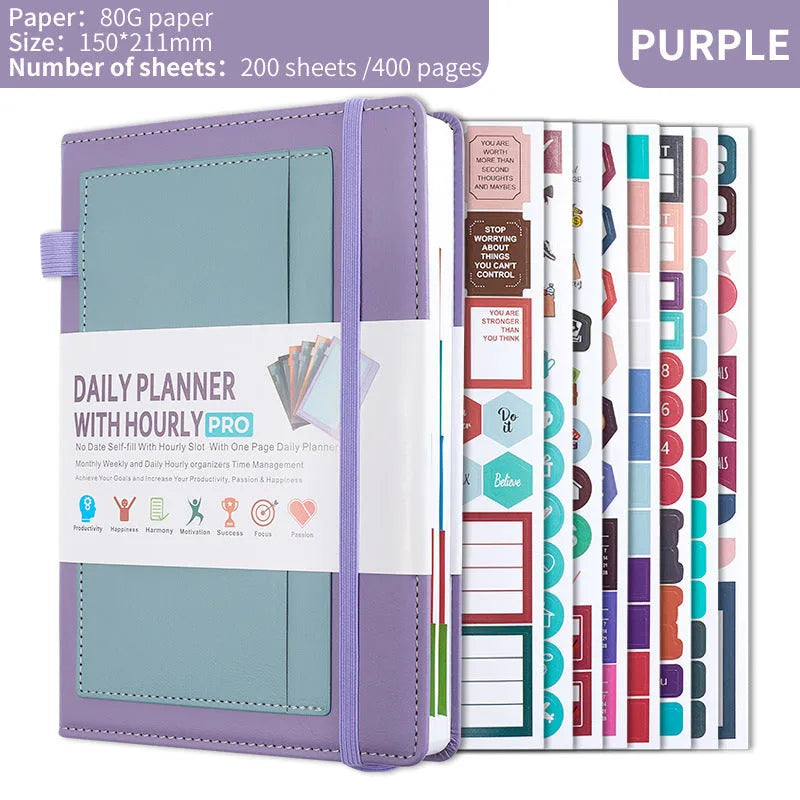 A5 undated notebook with PU leather cover in six colours, open to show flat-lay binding and planning stickers.