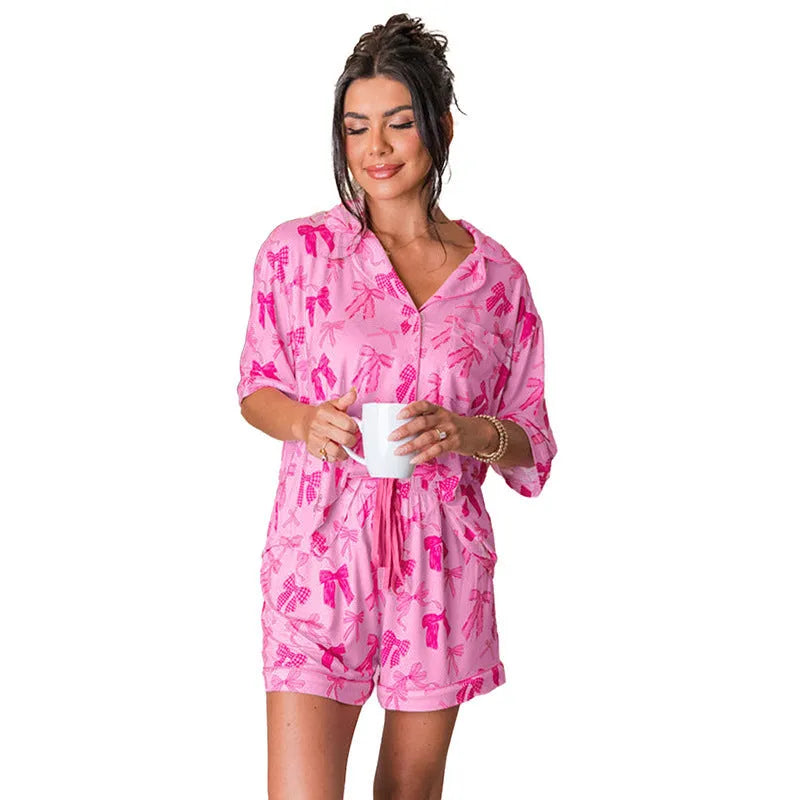 Pink bow print women's pyjama set with top and trousers thin polyester fabric