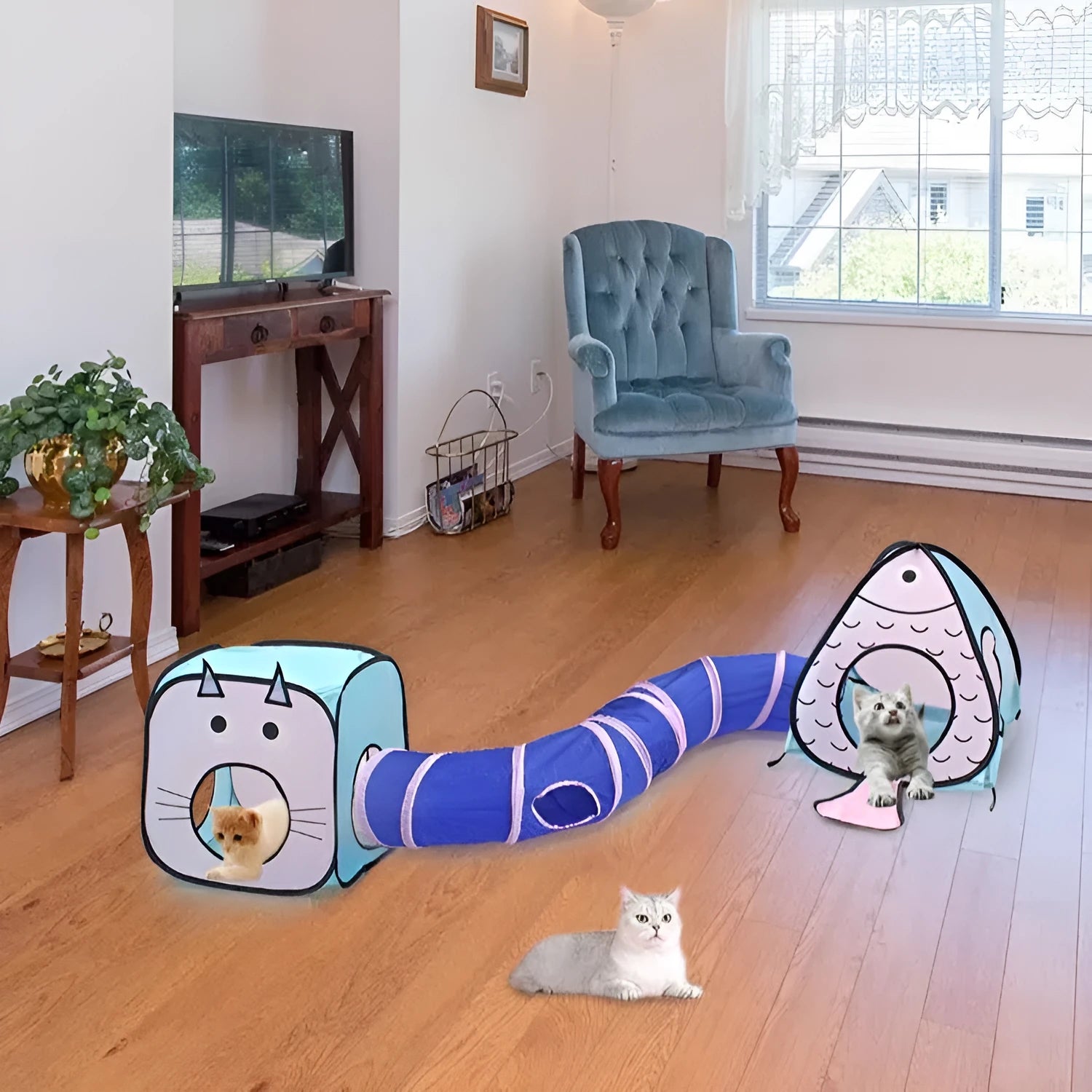 Foldable pet tent cat tunnel set with three connecting sections and tent enclosure in Cat Fish design