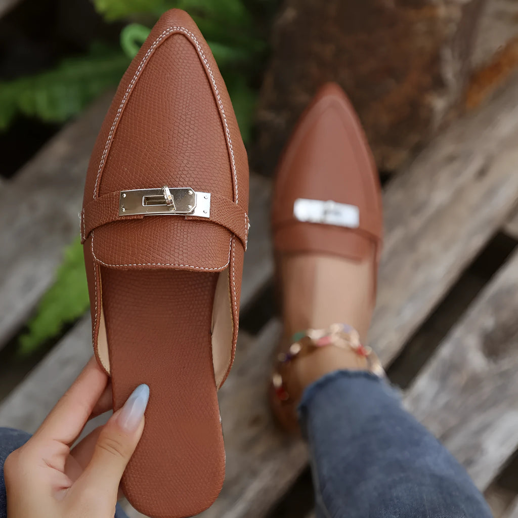 Light brown women's pointed-toe low heel slippers with PU upper and rubber sole
