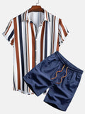 Men's digital print cardigan suit set with short sleeve shirt and matching shorts