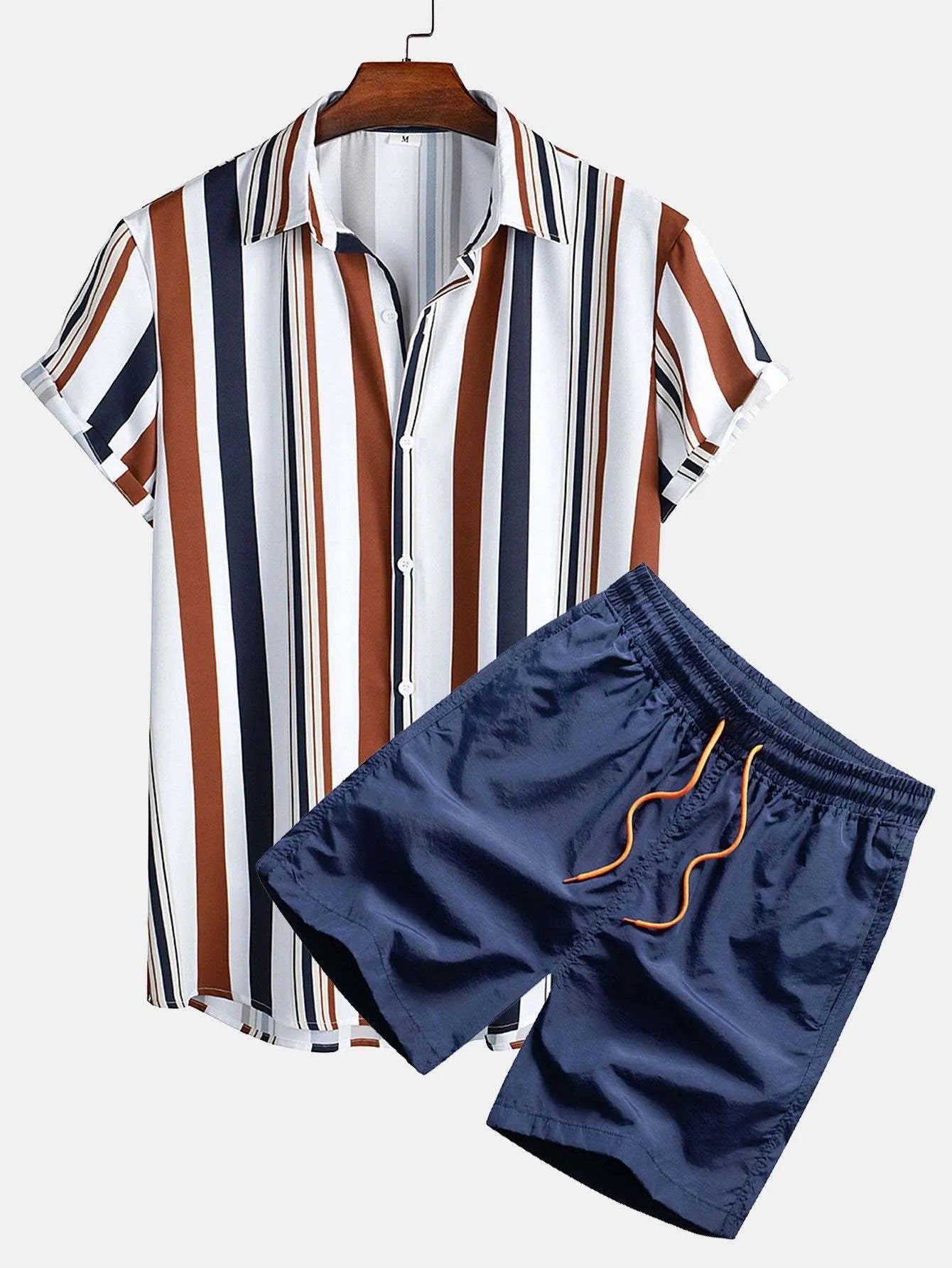 Men's digital print cardigan suit set with short sleeve shirt and matching shorts