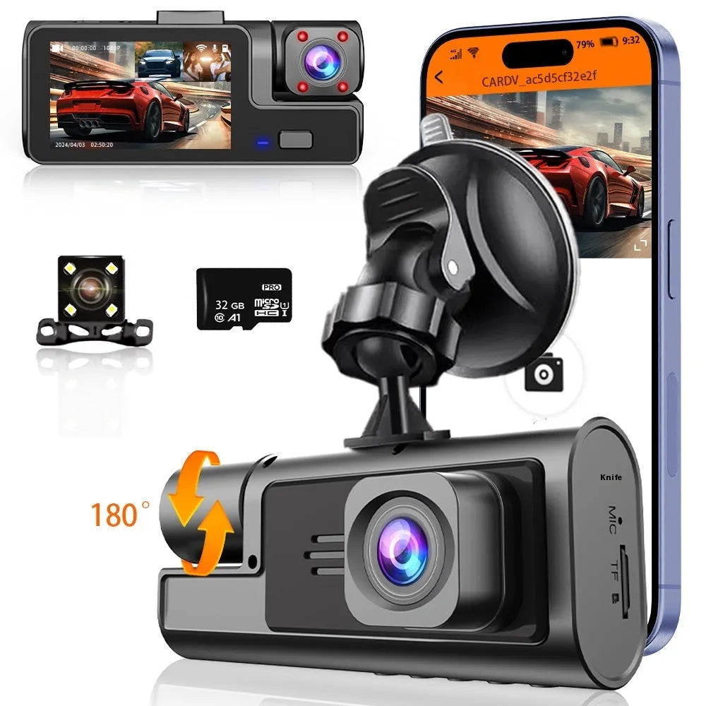 WiFi-connected car dash camera with 2.0-inch LCD screen showing front and rear recording capability