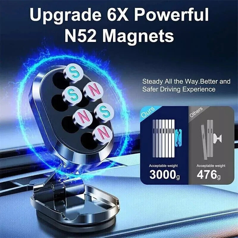 Chrome folding magnetic car phone holder mounted on a dashboard, showing 360-degree rotation.