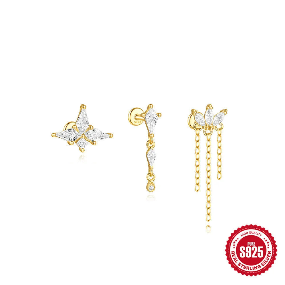 S925 sterling silver geometric kite-shaped earring with rhinestones and a dangling chain tassel.