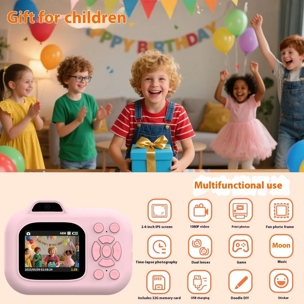 Blue children's digital camera toy with video recording, photo, and game functions on a white background.