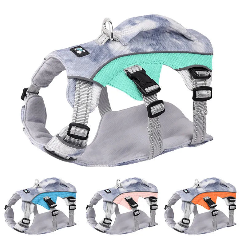 Reflective polyester dog chest strap harness in light blue, shown on a dog