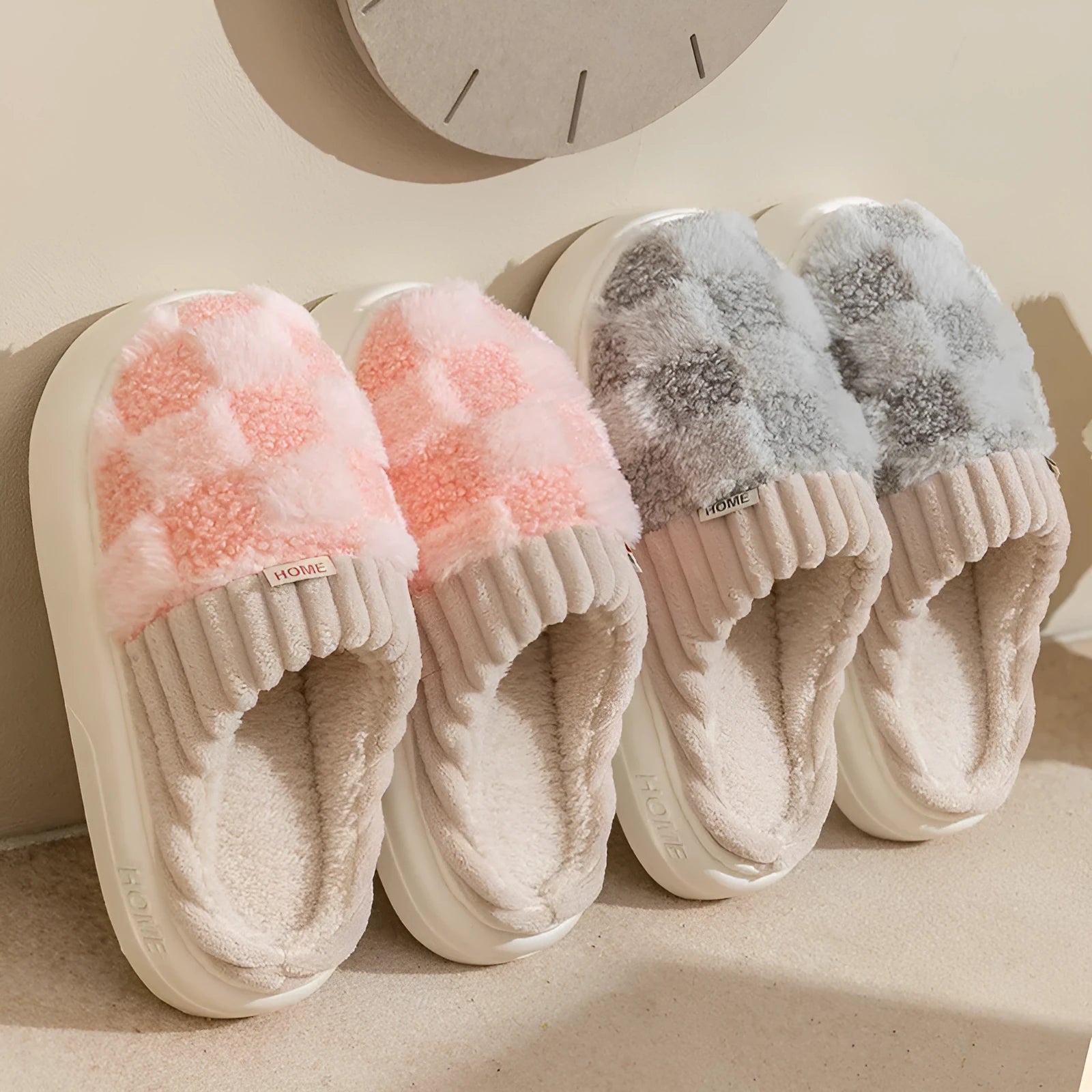 Women's plaid pattern plush slippers with a non-slip PVC sole, shown in a choice of colours.