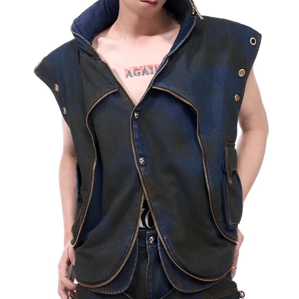 Blue heavy industry style hooded denim vest coat with matching trousers laid flat.